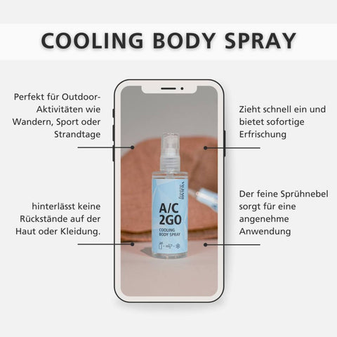 Riviera A/C 2GO Cooling Body Spray 100 ml Sprühflasche (Kunststoff) mit Text: perfekt für Outdoor-Aktivitäten wie Wandern, Sport oder Strandtage, zieht schnell ein und bietet sofortige Erfrischung, hinterlässt keine Rückstände auf Haut oder Kleidung | Naturpräparate Dieterich