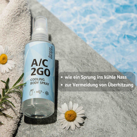 Riviera A/C 2GO Cooling Body Spray 100 ml Sprühflasche (Kunststoff) mit Text: wie ein Sprung ins kühle Nass, zur Vermeidung von Überhitzung | Naturpräparate Dieterich