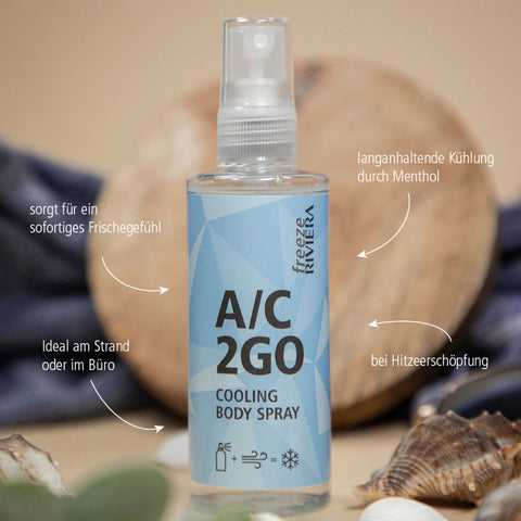 Riviera A/C 2GO Cooling Body Spray 100 ml Sprühflasche (Kunsststoff) mit Text: sorgt für ein sofortiges Frischegefühl, langanhaltende Kühlung durch Menthol, ideal am Strand oder im Büro, bei Hitzeerschöpfung | Naturpräparate Dieterich