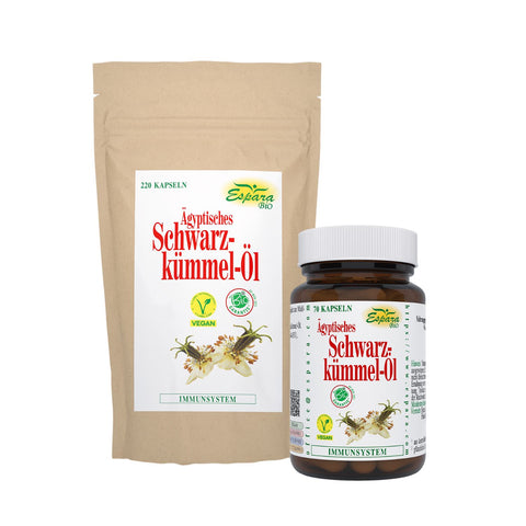 Esara Schwarzkümmel-Öl Bio Kapseln. Nachfüllpack mit 220 Kapseln und Dose mit 70 Kapseln. Nahrungsergänzungsmittel mit ägyptischem Schwarzkümmel-Öl aus biologischem Anbau. Das Öl wird schonend kaltgepresst aus den Samen von Nigella sativa. Es enthält mehrfach ungesättigte Fettsäuren, die für den Stoffwechsel und das Immunsystem sehr wertvoll sind.
Naturpräparate Dieterich