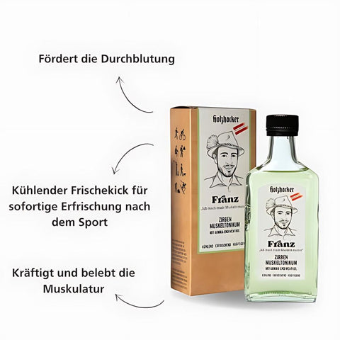 Holzhacker Franz Zirben Muskeltonikum mit Arnika, Menthol & Zirbenkiefer in Glasflasche - fördert die Durchblutung. Kühlender Frischekick für sofortige Erfrischung nach dem Sport. Kräftigt & belebt die Muskulatur. Foto mit Franz Zirben Muskeltonikum und Umverpackung. | Naturpräparate Dieterich