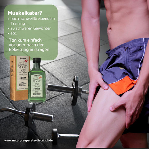 Holzhacker Franz Zirben Muskeltonikum bei Muskelkater nach anstrengendem Training, zu schweren Gewichten - Tonikum vor oder nach Belastung auftragen | Naturpräparate Dieterich