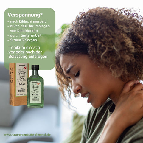 Holzhacker Franz Zirben Muskeltonikum bei Verspannung durch Bildschirmarbeit, Gartenarbeit, Stress & Sorgen, Herumtragen der Kinder uvm. - Tonikum vor oder nach Belastung auftragen | Naturpräparate Dieterich