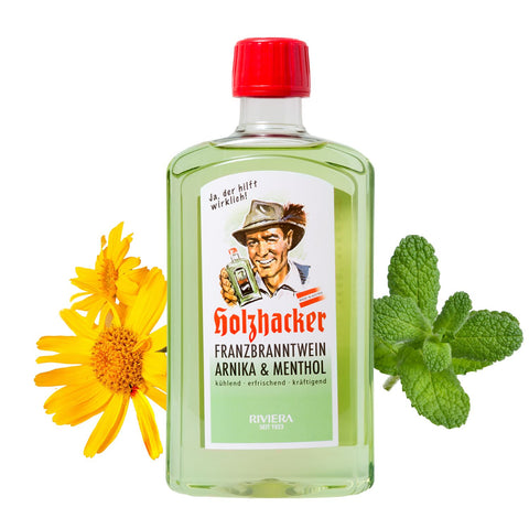 Holzhacker Franzbranntwein Arnika & Menthol Flasche (Kunsstoff) mit Arnikablüten und Minzblättern | Naturpräparate Dieterich
