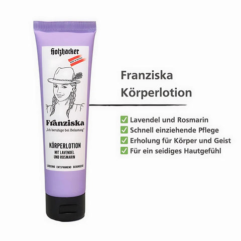 Holzhacker Franziska Körperlotion 100 ml Tube - Körperlotion mit Lavendel & Rosmarin, schnell einziehende Pflege, Erholung für Körper & Geist, für seidiges Hautgefühl. Foto mit Tube und Aufzählung. | Naturpräparate Dieterich