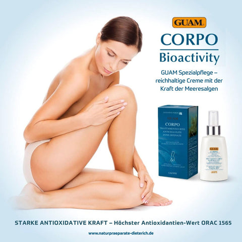 GUAM CORPO Intensivbehandlung bei hartnäckiger Cellulite 100 ml mit 4 x höherer antioxidativer Kraft – höchster Antioxidantien-Wert GUAM mit ORAC 1565. Abgebildet ist eine Frau mit glatter Haud und dem Produkt – Naturpräparate Dieterich