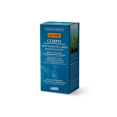 Verpackung GUAM CORPO Intensivbehandlung gegen hartnäckige Cellulite – Spezialcreme mit Meeresalgen, Fucus vesiculosus und Phytoplankton zur gezielten Hautstraffung und Verbesserung der Hautstruktur. Silizium- und Mannuronsäure-Komplex reduziert Fettansammlungen an den Problemzonen und trägt zu einer spürbar glatteren, strafferen und elastischeren Haut bei. Diese Creme ist die perfekte punktuelle Ergänzung zu klassischen GUAM Algenfango-Behandlungen.– Naturpräparate Dieterich