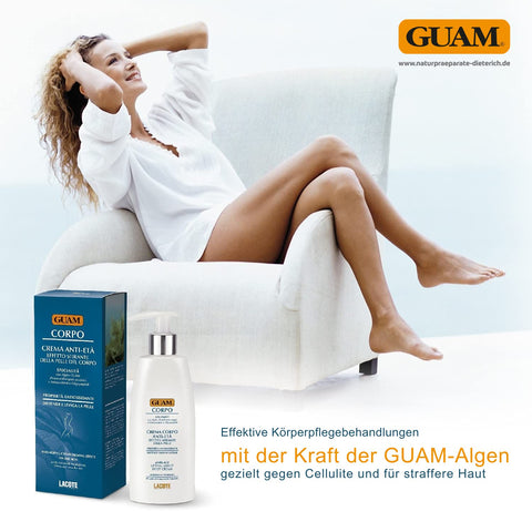 GUAM CORPO Anti-Aging Körpercreme mit straffender Wirkung, effektive Pflege gegen Cellulite und für glatte, feste Haut mit der Kraft der GUAM-Algen, abgebildet mit entspannter Frau und schönen straffen Beinen im Sessel. Naturpräparate Dieterich