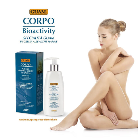 GUAM CORPO straffende Intensivcreme gegen erschlaffte Haut mit Produktabbildung und Modell für glatte, straffe Haut – Naturpräparate Dieterich