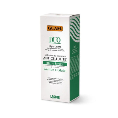 GUAM DUO Gesäß und Beine Intensivcreme gegen Cellulite kühlend 200 ml Produktverpackung, weiße rechteckige Box mit grünem Aufdruck, Anti-Cellulite Creme mit GUAM Meeresalgen, kühlende Wirkung durch Wasserminze, reich an Omega 3, -6 und -9 Fettsäuren und Glykosaminoglykanen, mineralisierend mit Meeresquellwasser. Naturpräparate Dieterich