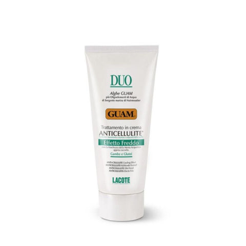 GUAM DUO Gesäß und Beine Intensivcreme gegen Cellulite kühlend 200 ml Tube stehend, weiße Tube mit grünem und orangem Aufdruck, Anti-Cellulite Wirkung mit GUAM Meeresalgen, kühlender Effekt durch Wasserminze, mineralisierend mit Meeresquellwasser von Noirmoutier. Naturpräparate Dieterich