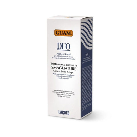 GUAM DUO Intensivcreme gegen Dehnungsstreifen für Brust und Körper 200 ml Produktverpackung, Zur Vorbeugung und zur Reduktion von Dehnungsstreifen mit GUAM Algen, mineralstoffreichem Meeresquellwasser von Noirmoutier und Glykosaminoglykanen, wissenschaftlich belegte Wirkung zur Straffung und Elastizitätssteigerung der Haut, ideal zur Vorbeugung und Reduktion von Dehnungsstreifen, dermatologisch getestet und für empfindliche Haut geeignet. Naturpräparate Dieterich