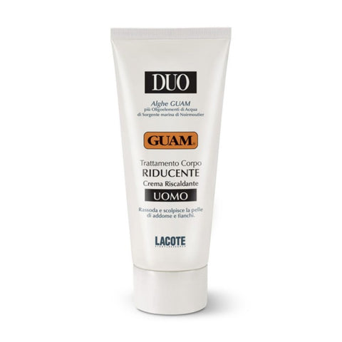 GUAM DUO UOMO stark fettreduzierende und straffende Creme für den Mann 200 ml Tube, Körpercreme mit Wärmeeffekt und Mikroalgen, definiert Bauch und Hüften, reduziert Fettdepots gezielt, Verpackung in Weiß mit Markenlogo. Naturpräparate Dieterich