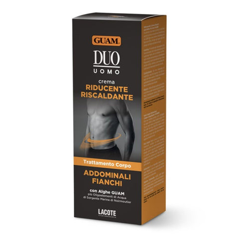 GUAM DUO UOMO stark fettreduzierende und straffende Creme für den Mann 200 ml , Körpercreme mit Wärmeeffekt und Mikroalgen, definiert Bauch und Hüften, reduziert Fettdepots gezielt, Verpackung in Schwarz/Orange mit Markenlogo. Naturpräparate Dieterich