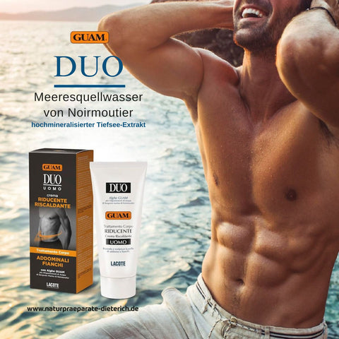 GUAM DUO UOMO straffende und fettabbauende Männercreme 200 ml mit Meeresquellwasser von Noirmoutier, Sixpack-Mann am Meer, natürliche Pflege gegen Fettdepots an Bauch und Hüften, maritimer Hintergrund. Naturpräparate Dieterich