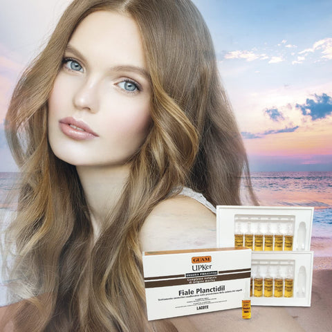 GUAM UPKer Planctidil Ampullen 12 x 7 ml gegen Haarausfall Haarpflege Intensivbehandlung mit Algenextrakt Packung mit Glasampullen sichtbar für kosmetische Kur zur Vorbeugung von Haarverlust und zur Stärkung der Haarwurzeln. Frau mit kräftigem Haar neben Verpackung abgebildet. Naturpräparate Dieterich
