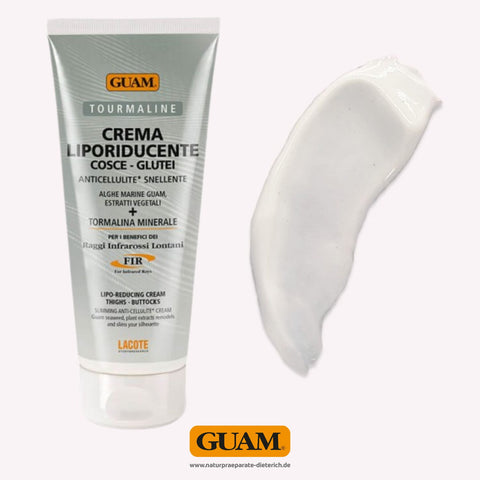 GUAM fettreduzierende Intensiv-Creme für Gesäß und Oberschenkel – Tube mit Produkt und sichtbarer Textur der Creme – Anti-Cellulite-Wirkung mit Algenextrakten, Pflanzenstoffen und Tourmalin.
Naturpräparate Dieterich