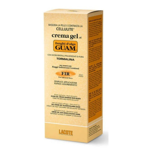 Frontansicht der Verpackung „GUAM hautstraffende Fango-Gel-Creme FIR 200 ml“ mit Turmalin-FIR-Logo, Anti-Cellulite-Wirkung mehrsprachig in Englisch, Deutsch und Französisch.
Naturpräparate Dieterich