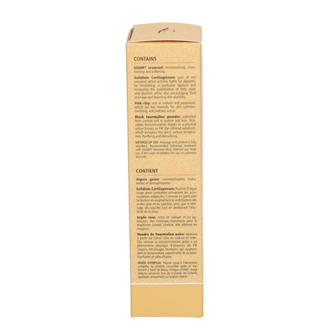 Seitliche Verpackung der GUAM hautstraffenden Fango-Gel-Creme FIR 200 ml mit englisch-französischer Liste zu Meeresalgen-Extrakt, Rosa Tonerde und Schwarzem Turmalin.
Naturpräparate Dieterich