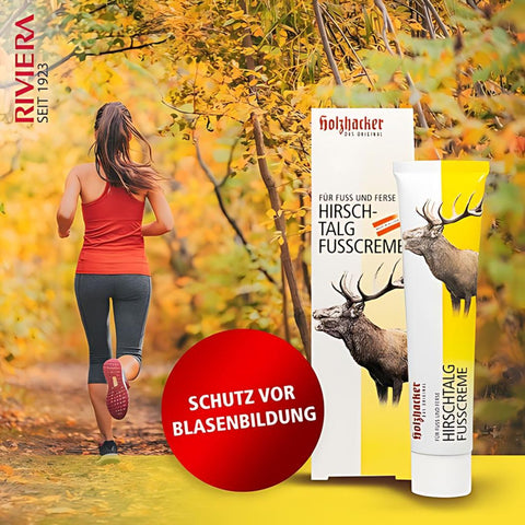 Holzhacker Hirschtalg Fußcreme 75 ml Tube und Umkarton - Foto von einer Joggerin mit Text: Schutz vor Blasenbildung | Naturpräparate Dieterich
