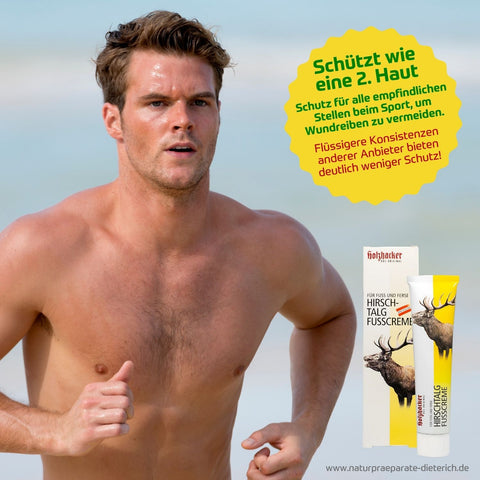 Holzhacker Hirschtalg Fusscreme schützt alle empfindlichen Stellen beim Sport, um Wundreiben zu verhindern.
Flüssigere Konsistenzen anderer Anbieter bieten deutlich weniger Schutz! | Naturpräparate Dieterich