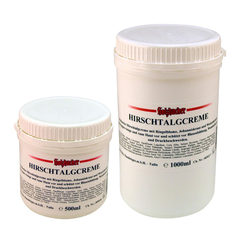 Holzhacker Hirschtalgcreme im Großgebinde: 500 ml und 1000 ml Cremedose - der ideale Schutz vor Wundreiben, Wundliegen, Blasenbildung, rauen/rissigen Fersen etc. | Naturpräparate Dieterich
