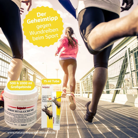 Holzhacker Hirschtalg Fusscreme - nicht nur für die Füsse! Der Geheimtipp gegen Wundreiben beim Sport, z. B. beim Laufen, Joggen. Als 75 ml Tube, 500 ml und 1000 ml Dose erhältlich - Naturpräparate Dieterich