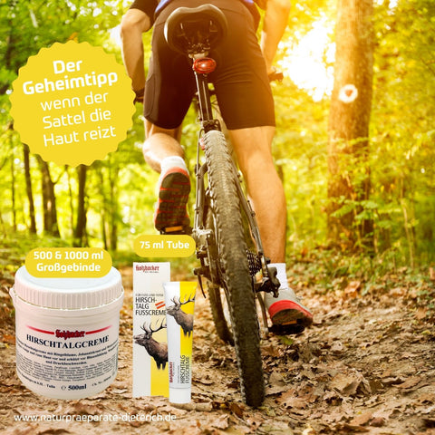 Holzhacker Hirschtalgcreme - nicht nur für die Füsse! Der Geheimtipp, wenn der Fahrradsattel die Haut reizt und wund reibt. Erhältlich als 75 ml Tube oder 500 ml und 1000 ml Dose - Naturpräparate Dieterich