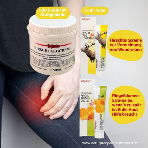 Holzhacker Hirschtalgcreme in 1000, 500 und 75 ml - nicht nur für die Füsse! Schützt vor Wundreiben bei Sport und Arbeit. Holzhacker Ringelblumen-SOS-Salbe hilft, wenn schon eine Entzündung vorliegt - Naturpräparate Dieterich
