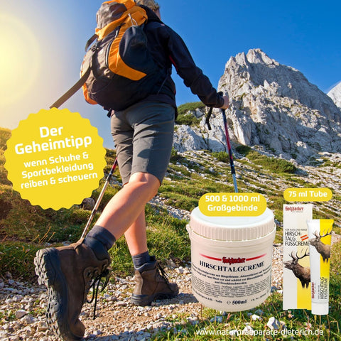 Holzhacker Hirschtalcreme - der Geheimtipp, wenn Schuhe und Sportbekleidung reiben und wund scheuern. Erhältlich als 75 ml Tube, 500 ml und 1000 ml Dose - Naturpräparate Dieterich