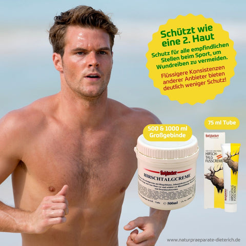 Holzhacker Hirschtalgcreme schützt alle empfindlichen Stellen beim Sport, um Wundreiben zu verhindern.
Flüssigere Konsistenzen anderer Anbieter bieten deutlich weniger Schutz! Erhältlich in 75 ml Tube und 500 ml und 1000 ml Dose| Naturpräparate Dieterich