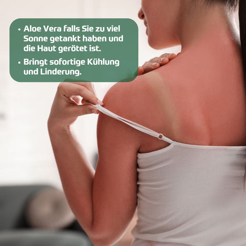 Holzhacker Aloe Vera Creme - Foto von Frau mit Sonnenbrand auf dem Rücken und Text: Aloe Vera, falls Sie zu viel Sonne getankt haben und die Haut gerötet ist. Bringt sofortige Kühlung und Linderung. | Naturpräparate Dieterich
