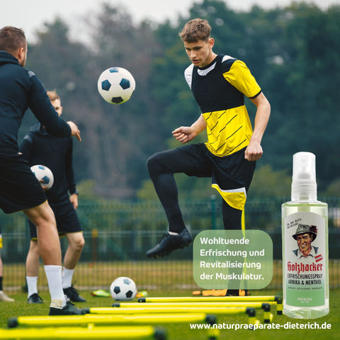 Holzhacker Erfrischungsspray Arnika Menthol in 100 ml Sprühflasche - wohltuende Erfrischung und Revitalisierung der Muskulatur, wichtig z. B. beim Fußballspiel | Naturpräparate Dieterich