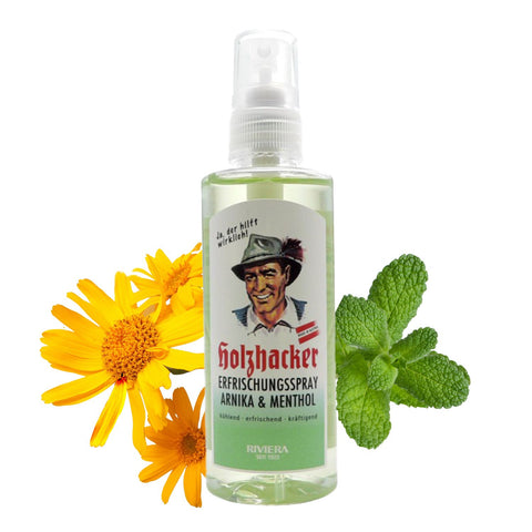 Holzhacker Erfrischungsspray Arnika Menthol in 100 ml Sprühflasche - kühlend, erfrischend, kräftigend. Foto mit Erfrischungsspray, Arnikablüten und Pfefferminzeblättern.| Naturpräparate Dieterich