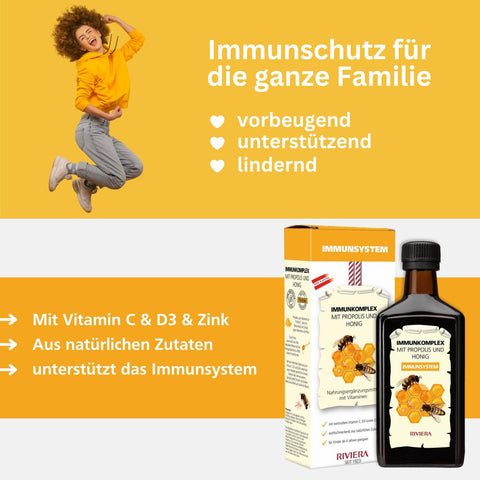 Riviera Immunkomplex mit Propolis und Honig 250 ml Flasche- Immunschutz für die ganze Familie: vorbeugend, unterstützend, lindernd. Mit Vitamin C & D3 & Zink, aus natürlichen Zutaten, unterstützt das Immunsystem. Foto mit hüpfender Frau und dem Immunkomplex samt Umkarton. | Naturpräparate Dieterich