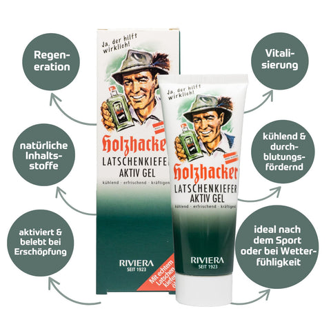 Holzhacker Latschenkiefer Aktiv Gel 75 ml Tube - Vorteile : Regeneration, natürliche Inhaltsstoffe, aktiviert & belebt, Vitalisierung, kühlend & durchblutungsfördernd, ideal nach Sport oder bei Wetterfühligkeit. Foto mit Latschenkiefer Aktiv Gel, Umverpackung und Vorteilen. | Naturpräparate Dieterich