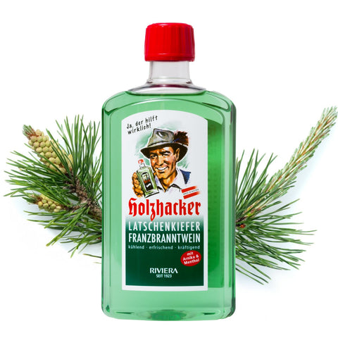 Holzhacker Latschenkiefer Franzbranntwein. in 500 ml Flasche (Kunststoff) und Latschenkieferzweigen. | Naturpräparate Dieterich