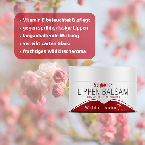 Holzhacker Lippenbalsam Wildkirsche 5 ml Tiegel - Vitamin E befeuchtet und pflegt, gege trockene & spröde Lippen, langanhaltende Wirkung, fruchtiges Wildkirscharoma. Foto mit Kirschblüten und Lippenbalsam. | Naturpräparate Dieterich