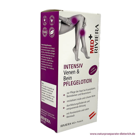 Riviera MED+ Venen- und Bein Pflegelotion, Karton links von 250 ml Kunststoff-Flasche.
+ zur Pflege der Haut bei Krampfadern, Beinödemen und Besenreisern
+ revitalisiert müde und schwere Beine
+ durchblutungsfördernde und entspannende Wirkung
+ mit Rosskastanie und rotem Weinlaub
 | Naturpräparate Dieterich