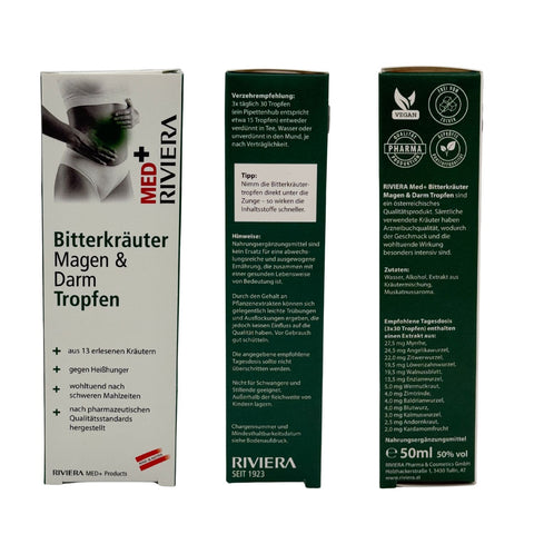 Riviera MED+ Bitterkräuter Tropfen 50 ml – Verpackung mit Anwendungsempfehlung, Zutatenliste und Produkthinweisen, hergestellt in Österreich nach pharmazeutischen Qualitätsstandards. Naturpräparate Dieterich