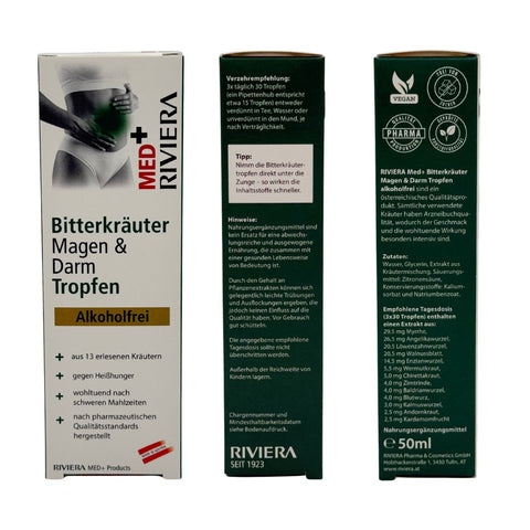Riviera MED+ Bitterkräuter Tropfen alkohlfrei 50 ml – Verpackung mit Anwendungsempfehlung, Zutatenliste und Produkthinweisen, hergestellt in Österreich nach pharmazeutischen Qualitätsstandards. Naturpräparate Dieterich