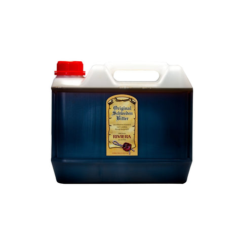 Alt-Text: Riviera Original Schwedenbitter 5000 ml Vorratskanister traditioneller Kräuterbitter nach überliefertem Rezept hergestellt aus edlen Kräutern dunkelbraune Flüssigkeit in stabilem Kunststoffkanister mit rotem Schraubverschluss und gelbem Etikett bewährtes Naturheilmittel zur inneren und äußeren Anwendung hochwertige Qualität für Gesundheit und Wohlbefinden. Naturpräparate Dieterich