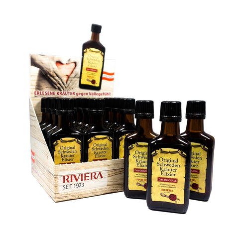 Riviera Original Schweden Kräuter Elixier 50 ml Glasflaschen in Verkaufsdisplay mit 15 Stück 50 ml Glasflaschen. Foto 15 Stück Original Schweden Kräuter Elixier in 50ml Glasflasche in Verkaufsdisplay. | Naturpräparate Dieterich