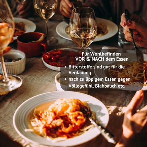 Original Riviera Schwedenbitter - Abbildung gedeckter Tisch mit Essen und Menschen. Text Original Schwedenbitter für Wohlbefinden vor und nach dem Essen. Bitterstoffe sind gut für die Verdauung, nach zu üppigem Essen gegen Völlegefühl, Blähungen etc.| Naturpräparate Dieterich