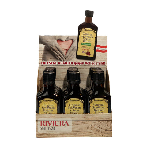 Riviera Schweden Kräuter Elixier alkoholfrei 15 Stück 50 ml Flaschen im Display mit Beschriftung "Erlesene Kräuter gegen Völlegefühl" - Naturpräparate Dieterich