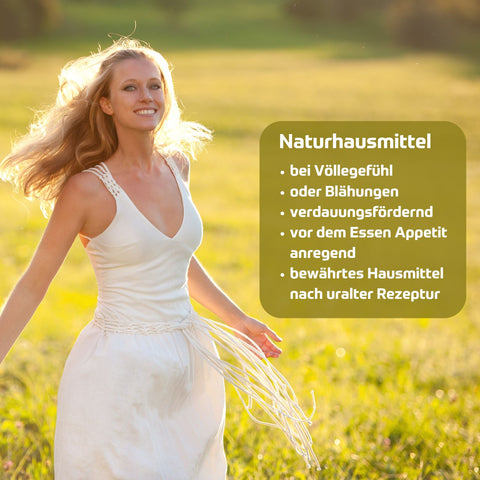 Riviera Schweden Kräuter Elixier - Naturhausmittel bei Völlegefühl, Blähungen, verdauungsfördernd, vor dem Essen appetitanregend, bewährtes Hausmittel nach uralter Rezeptur. Foto glückliche Frau auf Wiese und Text. | Naturpräparate Dieterich