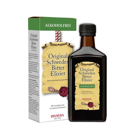 Riviera Original Schwedenbitter Elixier alkoholfrei - alkohlfreier Genuss mit 13 ausgewählten Kräutern. Foto mit Schwedenbitter Elixier und Umkarton. | Naturpräparate Dieterich