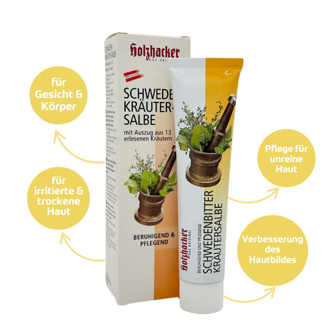 Holzhacker Schwedenkräuter Salbe 75 ml Tube - traditionelle, wirksame Kräuter-Rezeptur für strahlende Hautgesundheit. Für Gesicht & Körper, für irritierte & trockene Haut, Pflege für unreine Haut, Verbesserung des Hautbildes. Bild mit Kräutersalbe, Umkarton und der Auflistung. | Naturpräparate Dieterich