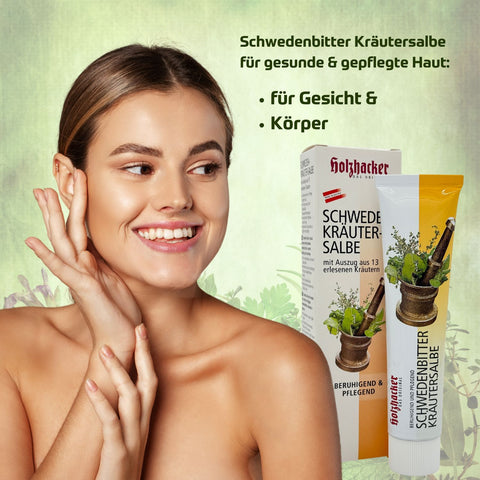 Holzhacker Schwedenkräuter Salbe 75 ml Tube - für gesunde & gepflegte Haut - für Gesicht & Körper. Foto Frau, die sich mit Schwedenkräuter Salbe das Gesicht eincremt. | Naturpräparate Dieterich