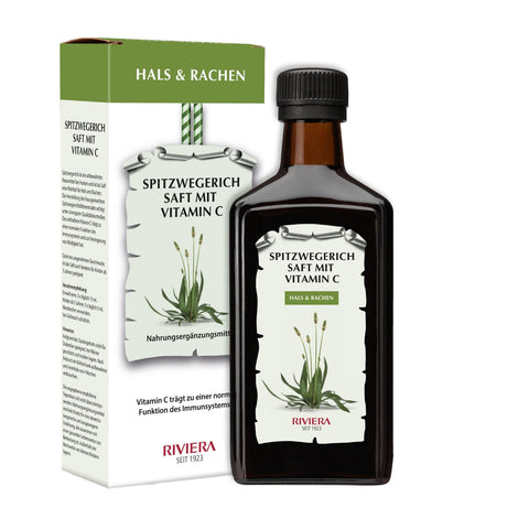 Riviera Spitzwegerich Saft mit Vitamin C 250 ml Glasflasche - Hausmittel für Hals & Rachen. Vitamin C trägt zu einer normalen Funktion des Immunsystems bei. Foto Spitzwegerich Glasflasche und Umkarton | Naturpräparate Dieterich